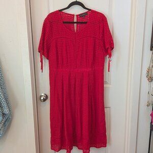 Eloquii Red Eyelet Midi Dress Size 16 Tie Sleeve Fit & Flare
